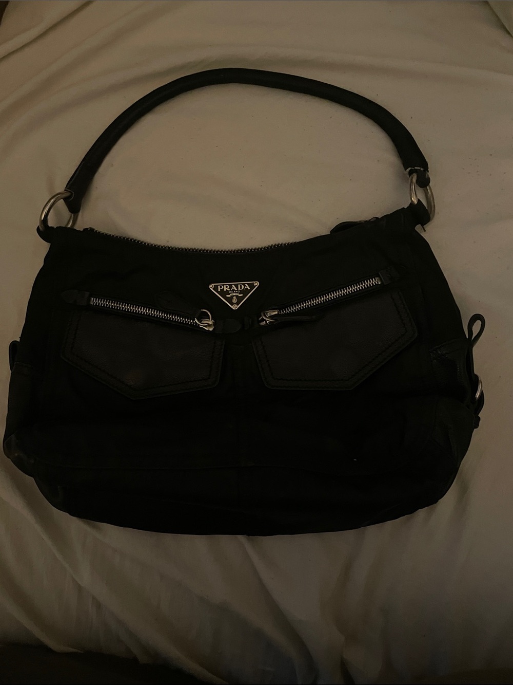 Prada Black Nylon Shoulder Bag with Silver Hardware